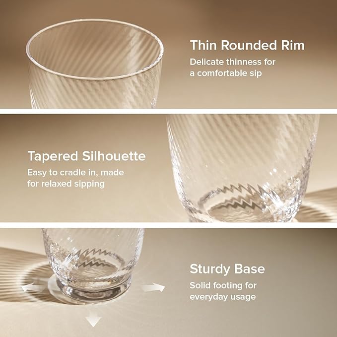mopio Mellow Fluted Drinking Glasses Set of 4, 11.5 oz, Dishwasher Safe, Trendy Barware for Parties, Wedding & Home, Fun Aesthetic Drinkware Gift in Eco-Friendly Packaging, Soda-Lime Glass (Clear)