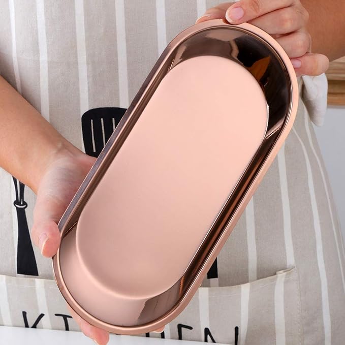 Buyer star Rose Gold 2PCS 9inch Stainless Steel Oval Tray Fruit Trays Storage Tray Dish Plate Cosmetics Jewelry Decorative Organizer