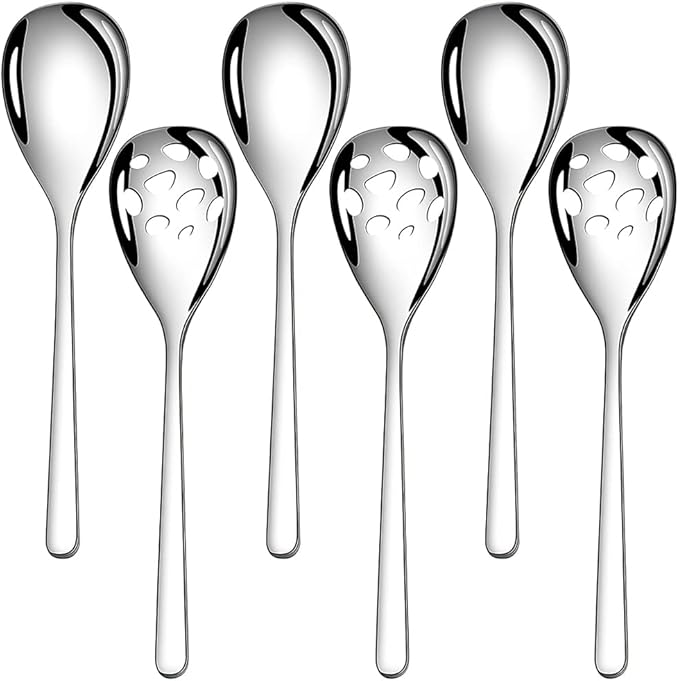 6-Piece Slotted & Solid Serving Spoons Set, 9.4 Inch Stainless Steel Perforated Serving Spoons for Vegetables, Salad, Pasta, 3 Tablespoons, 3 Slotted Spoons