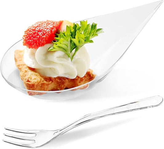 TOFLEN 100ct 4 Inch Tear Drop Mini Appetizer Plates, with Tasting Forks, Reusable Mini Desserts and Appetizers Dishes Tiny Serving Plate - Asian Spoon Set