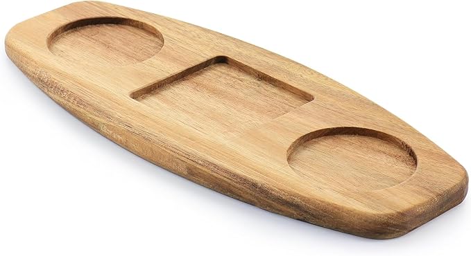 EFFETTO 3 Bowl Tidbit Set | 1 Square & 2 Round Bowls | On An Acacia Wood Tray | Ceramic | Great For Dips, Bite-Sized Sweets, and Snacks