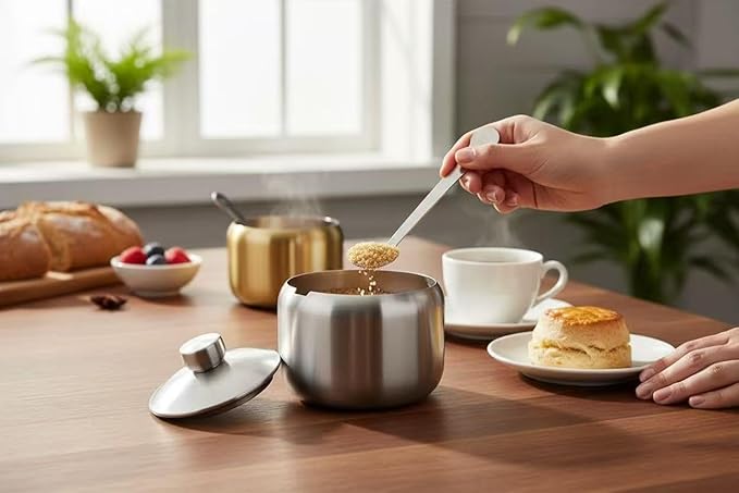 Sugar Bowl with Lid And Spoon, 14.5OZ Stainless Steel Sugar Creamer Container, 430 Milliliter Round Sugar Jar, Coffee Bar Decor, Home and Kitchen Storage, Silver