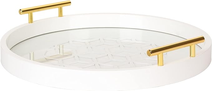Kate and Laurel Caspen Round Cut Out Pattern Decorative Tray with Gold Metal Handles, White