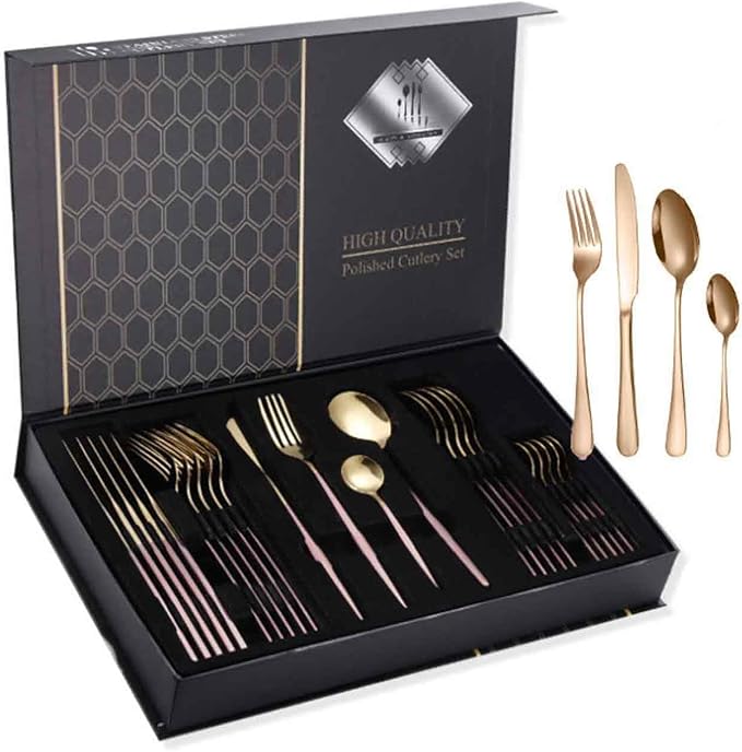 24 Piece Dining Service for 6, Kitchen Utensil Serving Set Include Knives/Forks/Spoons for Tableware, Formal Events, Parties, Dishwasher Safe(Size:B,Color:Rose Gold)