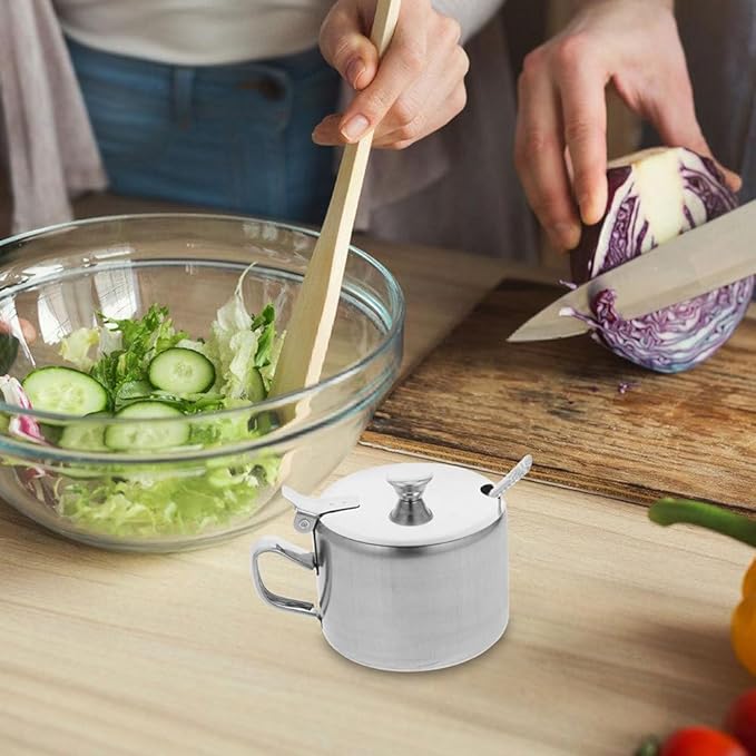 BESTonZON Stainless Steel Sugar Bowl with Lid and Spoon 3.5 Inch Multipurpose Salt Pepper Spice Container for Kitchen Countertop Condiment Storage