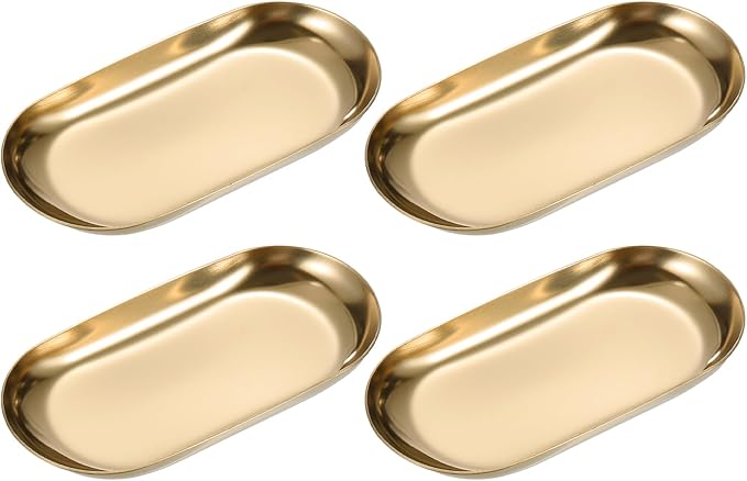 uxcell 4pcs Stainless Steel Decorative Tray, 3.9" Oval Serving Tray Metal Decorative Plate for Perfume Jewelry Cosmetic Bathroom Organizer, Rose Gold