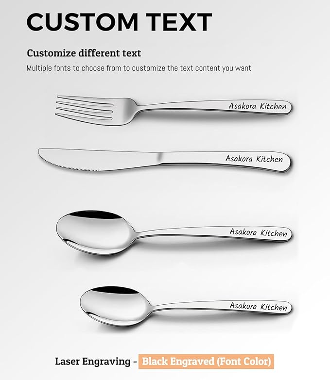 Personalized Silverware Set, Custom Engraved Name 4 Piece Stainless Steel Flatware, Mirror Polished Cutlery Utensil Including Fork Spoon and Knife for Birthday Christmas Back to School Party Gifts