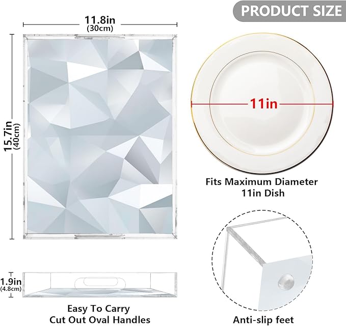 Spill Proof Acrylic Serving Tray, Countertop Organizer 16x12 Inch with Handles for Breakfast, Living Rooms, Coffee, Juice, Kitchen and Desk, (Silver Glass Design)