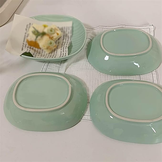 Kitchen Plates Mint Green Dinner Plate Striped Ceramic Plate Oval Dinner Plate Appetizer Plate Fruit Snack Salad Plate Deep Plate Restaurant Plates