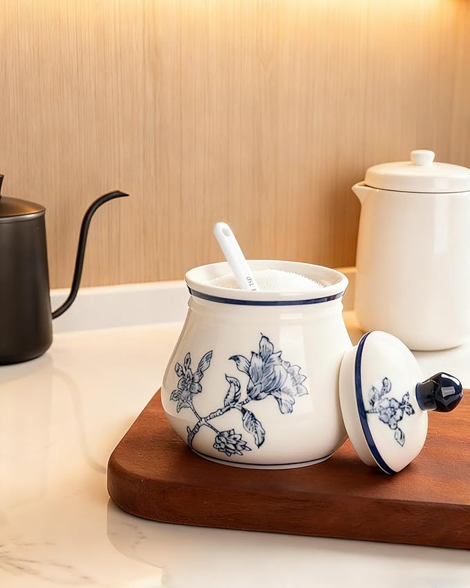 Ceramic Sugar Bowl with Lid and Spoon, 11Oz Sugar Container for Coffee Bar, Blue and White Sugar Jar/Dispenser, Flowers and Branches