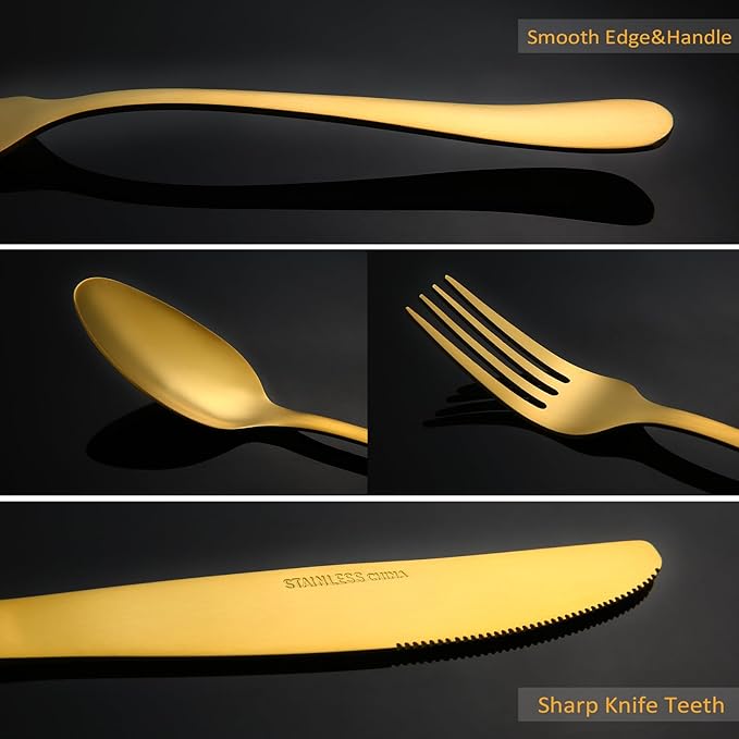 Gold Silverware Set, Lorena 20 Piece Golden Cutlery Set Gold Utensils Set Stainless Steel Flatware Kitchen Utensils Set Silverware Set, Include Fork Knives Spoons for Home Restaurant Hotel