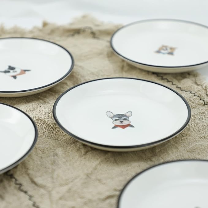 SOCOSY Cute Retro Style Smiling Dogs Ceramic Seasoning Dishes Sauce Dish Sushi Dipping Bowl Appetizer Plates Tea Bag Holder Serving Dish for Kitchen, 5 Inch, Set of 4