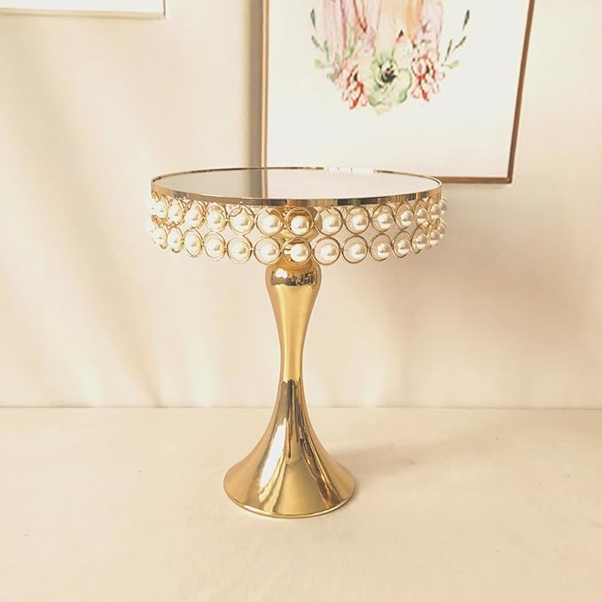 10 Inches 25cm Gold Round Mirror Cake Stand Cupcake Stands Metal Pedestal Holder with Pearls, Party Dessert Cheese Display Plate for Wedding Party Birthday Baby Shower Celebration Home Decoration