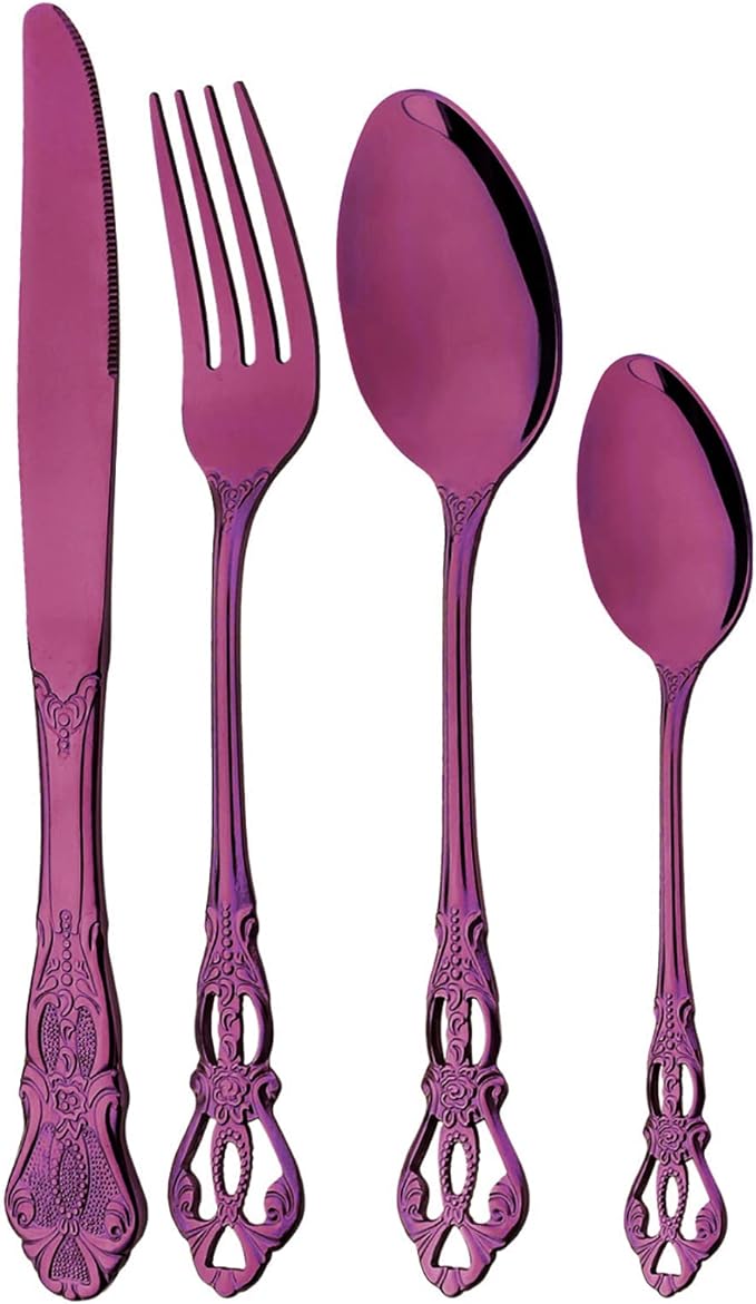 Mirror Polished Purple Silverware Set, 24-Piece 18/10 Stainless Steel Shiny Finish Flatware Set Service for 6, Kitchen Utensil Set, Tableware Cutlery Set for Home and Restaurant Dishwasher Safe