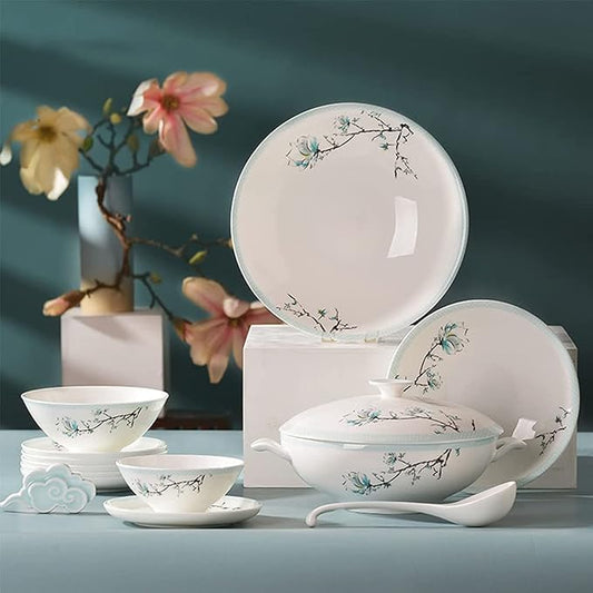 Elegant Bone China Dinnerware Set Service for 4/6/8 People Porcelain Dinnerware Sets Ceramic Dinner Sets with Dishes/Plate/Bowl Lead-Free Tableware Dishwasher & Microwave Safe 48 P (White 32 Pcs)