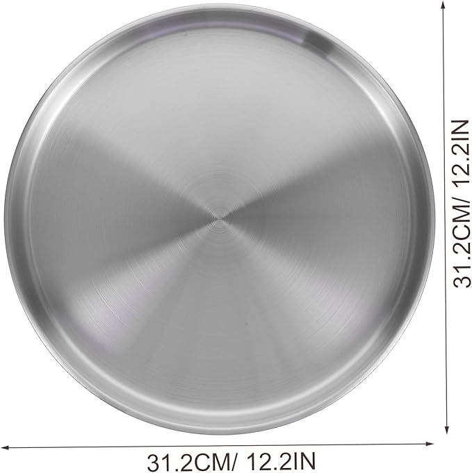 LOGOFUN 2 Pcs Stainless Steel Tray Metal Round Serving Tray Large Flat Storage Plate (Silver-30cm)