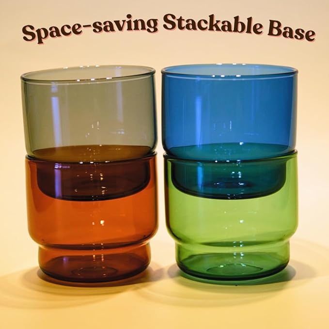 ELEMENT LABS Retro Colored Double Old-Fashioned Glasses Set 10oz Stackable Drinking Glasses for Cocktails Mixology Espresso Cups Party Hosting Modern Barware Gift Dishwasher Safe