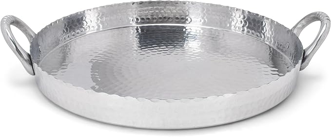 India Handicrafts Hammered Round Scalloped Silver Tone 19 inch Metal Tray Platter