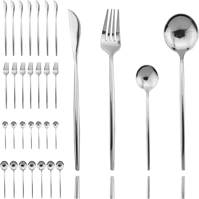JASHII 32 Pieces Cutlery Set Stainless Steel Home Kitchen Flatware Set Mirror Polished Knife Fork Set Spoon Modern Elegant Tableware Set (Silver Full)