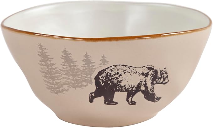 Paseo Road White Pine 16 Piece Ceramic Dinnerware Set, Pine Tree Bear Deer Moose Fox Print, Modern Rustic Cabin Lodge Dish Set with Plates, Bowls, Mugs