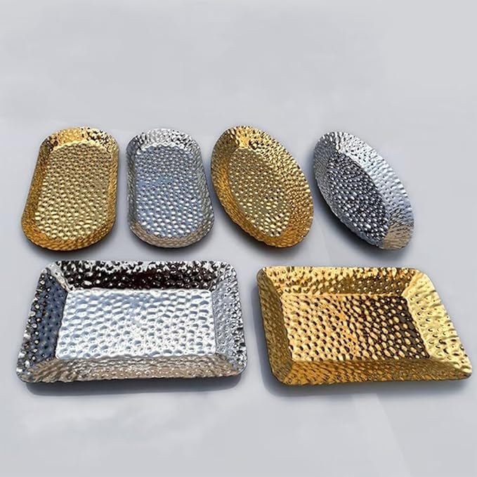 Mini Serving Platter Stainless Steel Serving Tray Hammered Square 6.3 x 4 Inch Small Dessert Plates Coffee Table Tray Decorative Plates for Kitchen Party Gold