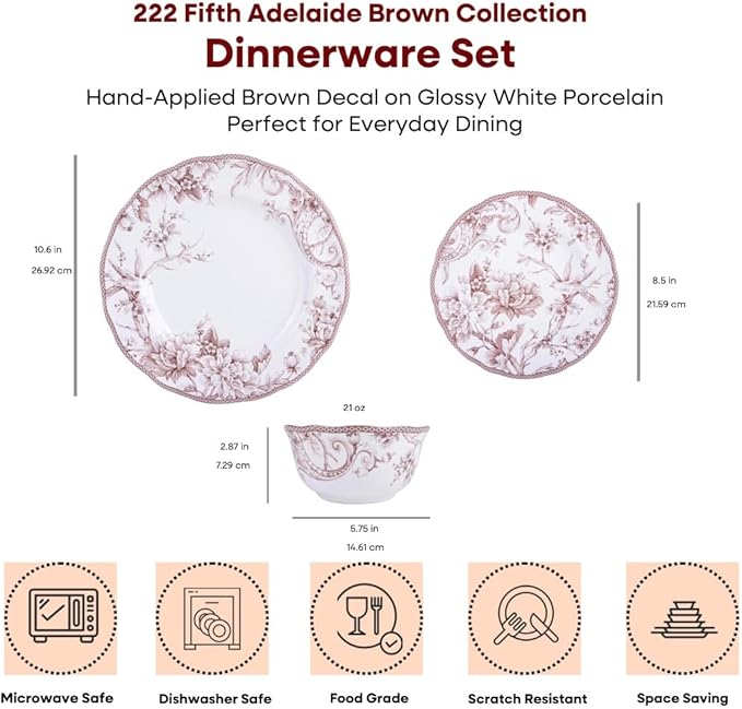 222 Fifth Adelaide Brown on White 12-Piece Dinnerware Set – Service for 4, Plate & Bowl Set,Durable Porcelain, Dishwasher Safe, for Everyday Dining & Entertainment