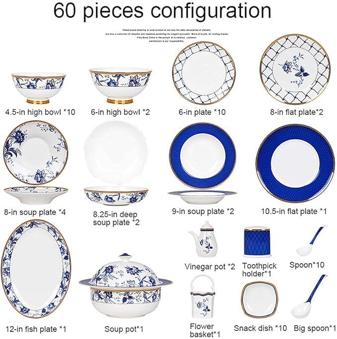 Ceramic Tableware Set, Bowls/Plates/Saucers/Spoons | Bone China Tableware Set, Modern Blue and White Porcelain Pattern Set, 60 Pieces.,-60pieces