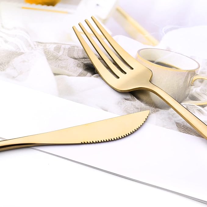 30Pcs Gold Simplicity Mirror Finished Cutlery Set, 18/0 Stainless Steel Daily Use Silverware Kitchen Home Restaurant Party Dessert Flatware Set Include Knife/Fork/Spoon, Service For 6