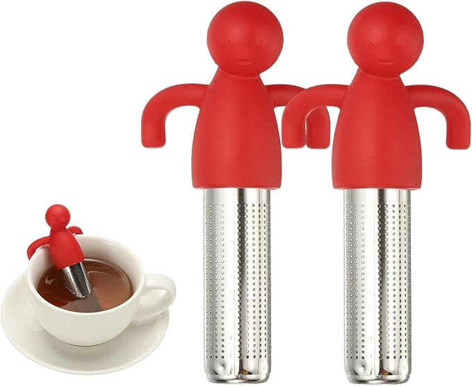 uxcell 2 Pcs Cute Tea Infuser, Stainless Steel Loose Leaf Tea Steeper Filter with Silicone Handle Reusable Coarse Pores Mesh Strainer Diffuser for Teacups Teapots Mugs, Red