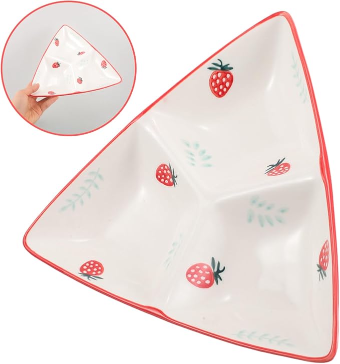 VALICLUD Ceramic Triangular Divided Plate Cute Strawberry Pattern Creative Design for Serving Snacks Appetizers and Meals for Family Use Easy to Clean Charming Table Decor