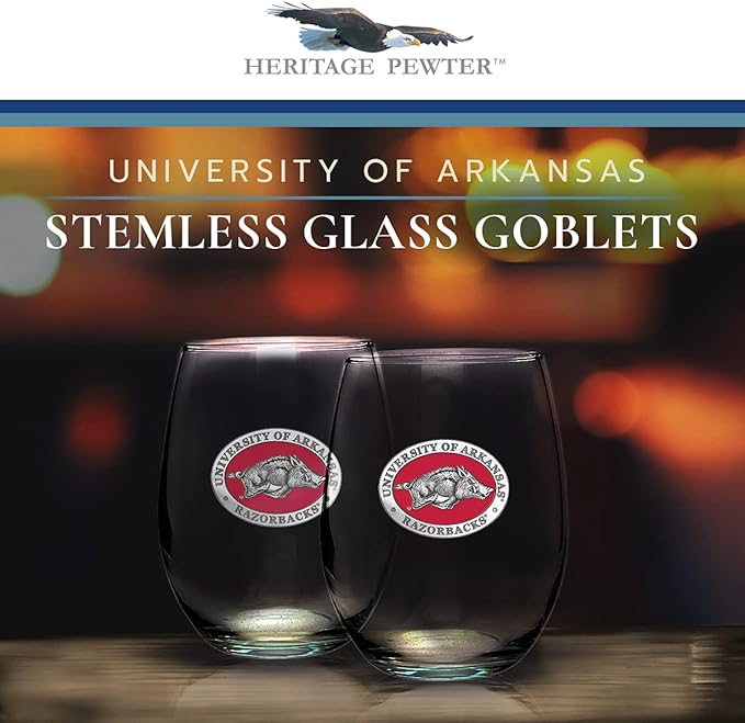 Heritage Pewter Arkansas Razorbacks Stemless Glass Goblets – Set of 2 | 15 OZ Goblet Wine Glasses | Expertly Crafted Pewter Glass