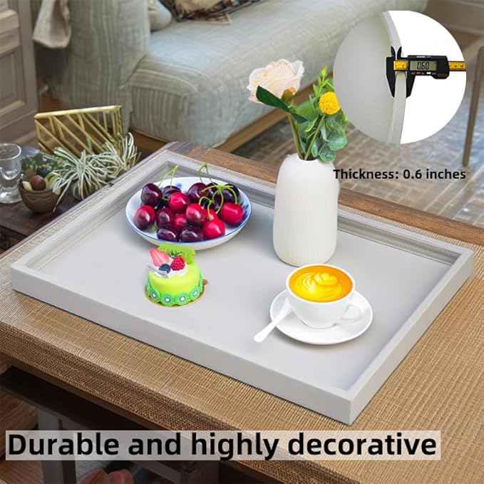30 * 16 Inch Rectangular Ottoman Tray | Textured PU Leather, Waterproof & Heat-Resistant Storage for Coffee/Dining Tables, Sofa, Bed, Entertainment & Party (Tranquil Beige, 30 * 16in)