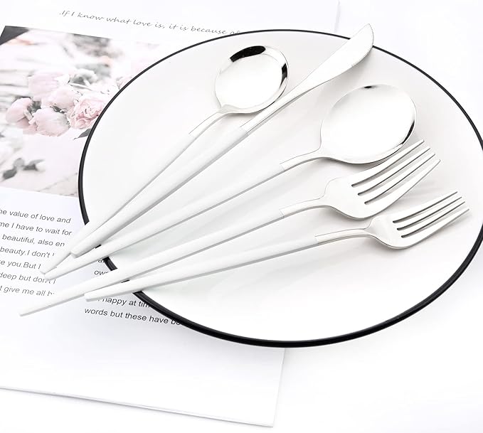 30-Piece Snplowum Mirror Flatware Serving Set, 18/0 Stainless Steel Dinnerware With White Handle, Modern Durable Home Kitchen Eating Tableware Set Service For 6 (White Silver)