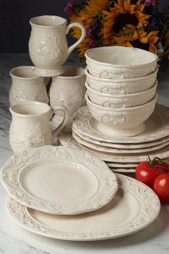 Firenze Ivory 16-Piece Ceramic Dinnerware Set, Service for 4 – Embossed Plates, Mugs & Bowls in Elegant Vintage White – Classic Everyday Dining Set for Rustic & Formal Tablescapes