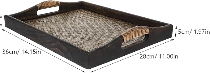 Large Rectangular Wood Tea Tray with Raised Handles, Southeast Asian Style Rattan Woven Serving Tray for Tea Room, Dessert, Fruit Bread, and Beverage Display