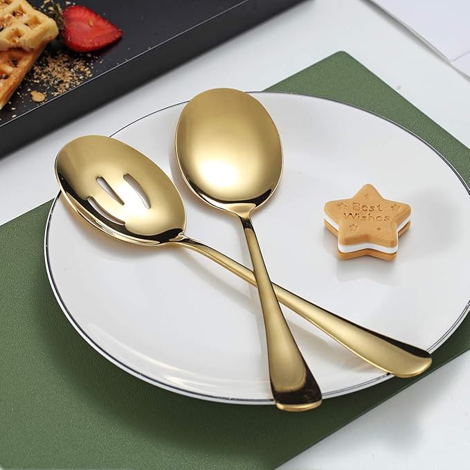 Gold Serving Spoons 4 Pieces, Kyraton Titanium Plating Serving Spoon, Include 2 Serving Spoon And 2 Slotted Spoons, Stainless Steel Serving Utensils, Serving Set Packing of 4