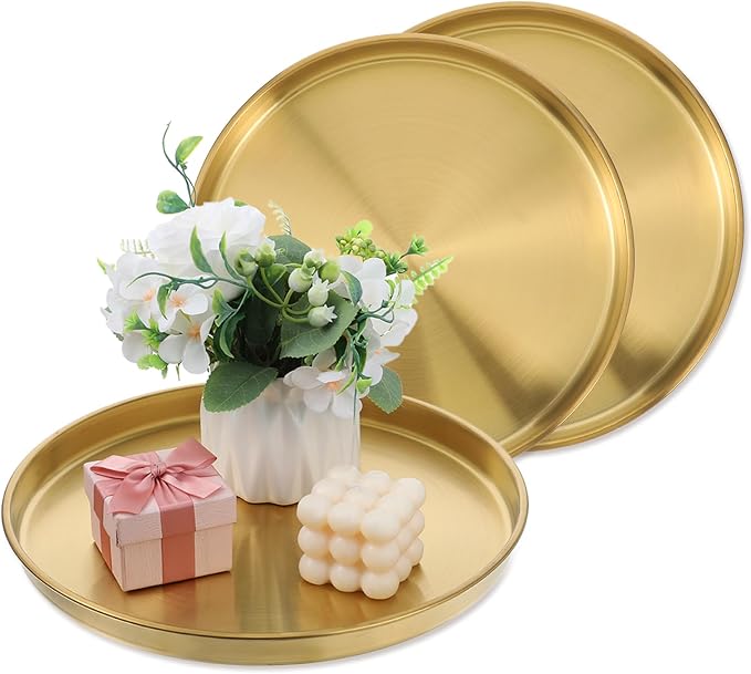 3 Pcs 12 Inch Gold Round Serving Tray, Stainless Steel Decorative Plate for Jewelry Makeup Organizer, Vanity Bathroom Coffee Table Dessert Display