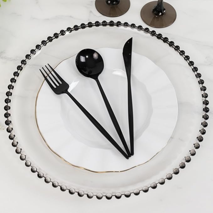 13" Charger Plates - Set of 24 - Clear/Black Round Acrylic Disposable Chargers with Beaded Rim, Ideal for Dinner Party Wedding Bulk Events