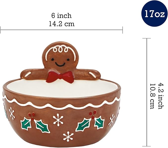Bico Traditional Gingerbread Man Ceramic Candy Bowl, 17oz – Hand-Painted Holiday Treat Bowl, Christmas Decorative Dish for Candy, Jam, or Sauce – Microwave & Dishwasher Safe