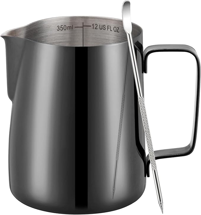 Milk Frothing Pitcher, 12 oz Milk Frother Cup with Clear Scale, 304 Stainless Steel Cappuccino Espresso Machine Accessories for Barista Coffee Bar with Latte Art Pen, Bright Black