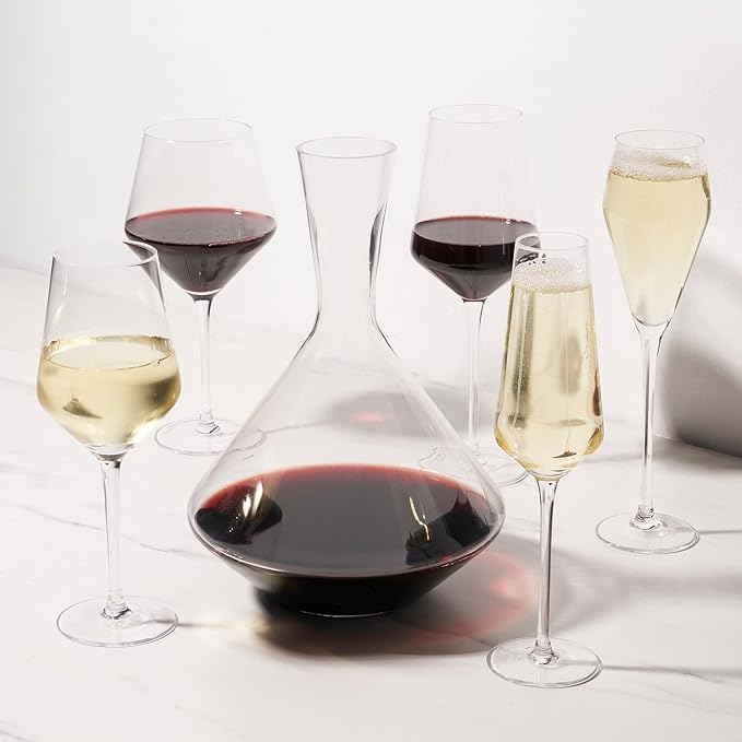 Viski Raye Angled Bordeaux Wine Glasses and Decanter Gift Set, Elegant and Modern Crystal Glassware, Home Bar, Dinner Party, Wedding Gifts, Hosting Essentials, 16 oz & 30 oz, Set of 3