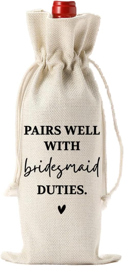 KongMoTree Pairs Well with Bridesmaid Duties, Bridesmaid Proposal Wine Bag, Wedding Wine Bag, Bridal Shower Gift, Burlap Bottle Bags With Drawstring for Bridesmaid Wedding Dinner Bachelorette Party