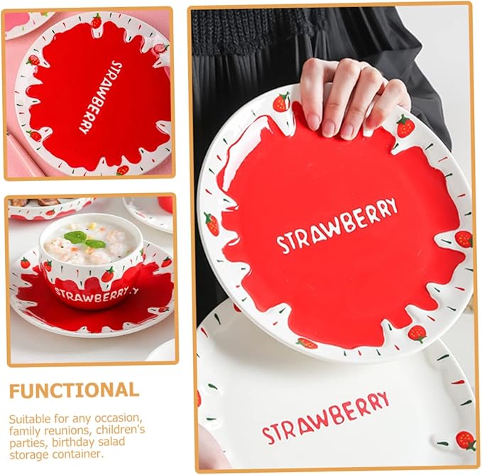 Strawberry Ceramic Plate Deep Snacks Dish for Home Restaurant Elegant Brunch Dinner Serving Premium Quality Kitchen Food Dish for Desserts Fruits