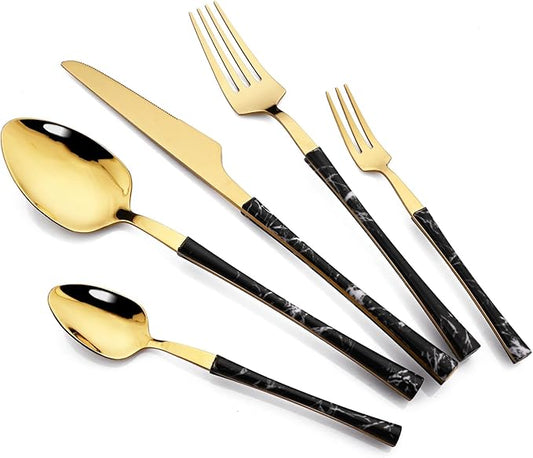 JASHII 30pcs Stainless Steel Imitation Marble Handle Cutlery Flatware Set,Tableware Knife Cake Fork Spoons Dinnerware Set Party Kitchen Silverware for 6, Mirror Polished - Black&Gold