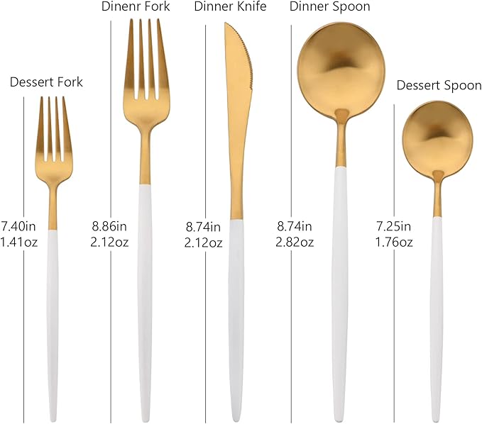 Flatware Set 18/10 Stainless Steel Matte White Handle Gold - Kitchen Utensil Serving Set of Dinner Fork Knife Spoons Salad Fork Dessert Spoon,20 Piece, Service for 4 (White + Gold)