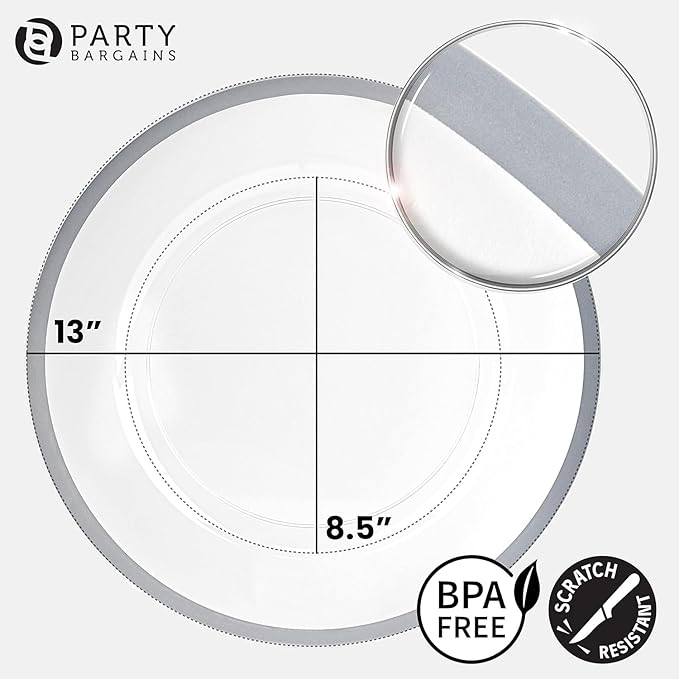 PARTY BARGAINS 13-Inch Charger Plates - 48 Pack, Clear Silver Rim, Heavy-Duty Disposable Chargers for Elegant Dining - Ideal for Weddings and Formal Events