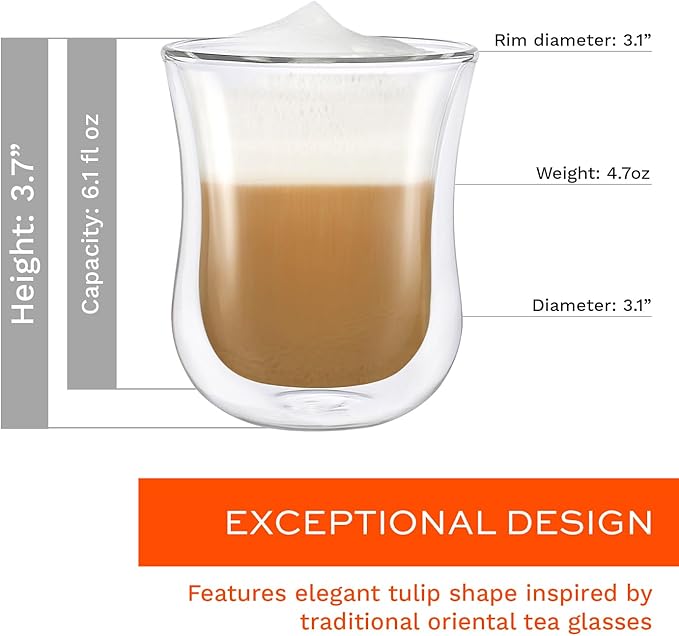 Stölzle Lausitz Set of 2 Coffee 'N More Espresso Cups (Medium / 6 Fl oz). Coffee Cups, Double Walled Glass Coffee Mugs for Hot or Cold Drinks - Genuine Stölzle Insulated Glass Coffee Mugs