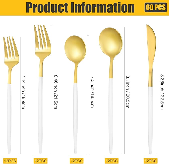60 Pieces Stainless Steel Tableware Set Silverware Set Flatware Cutlery Utensils Spoon Fork Knives Service for 12 for Home Restaurant Apartment and Kitchens(White Gold)