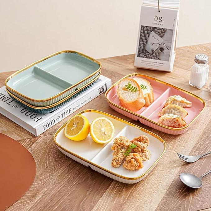 Porcelain Healthy Eating Plate, Ceramic 2 Compartment Divided Plates, Portion Control Plates for Adults Weight Loss, Length: 23.8cm/9.37 inch
