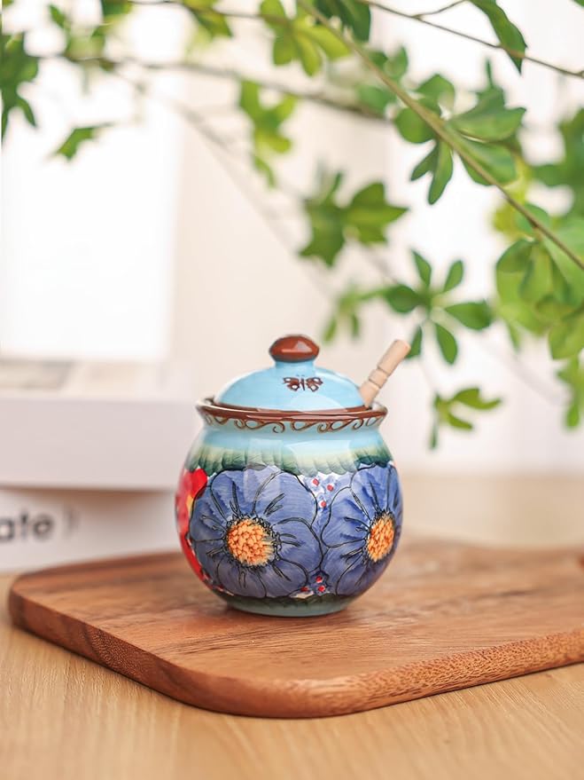 silesia Handmade Ceramic Honey Jar with Lid, 8 oz Floral Design Honey Pot with Dipper, Hand-Painted Honey Containers for Honey, Jam, or Syrup, Dishwasher Safe (Glazed Blue)